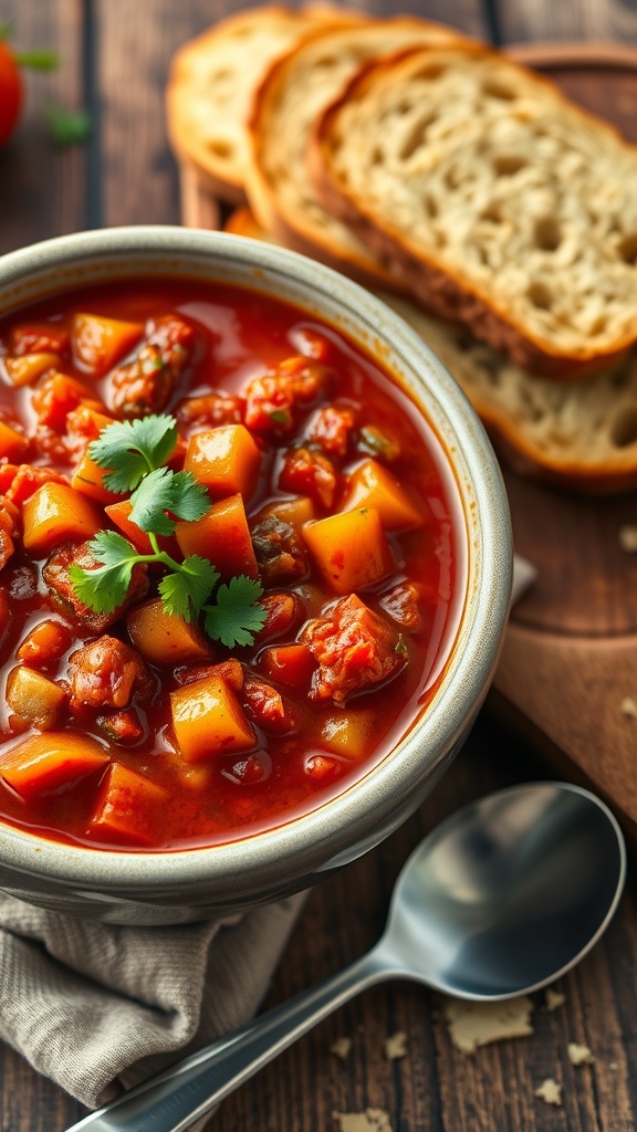 A bowl of protein-packed vegan chili with tomatoes, beans, and peppers, garnished with cilantro on a rustic table.